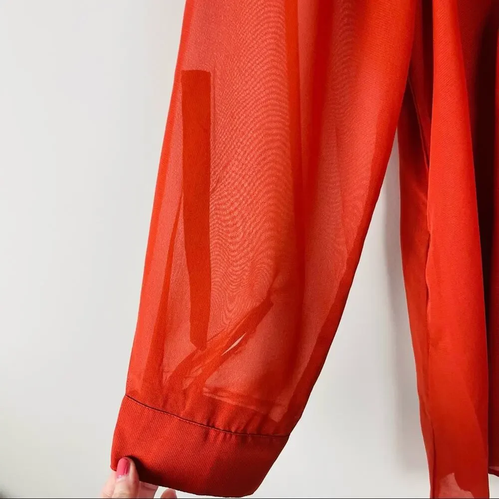 NEW Simply Noelle orange semi sheer chiffon button front pleat office top large - Picture 5 of 10